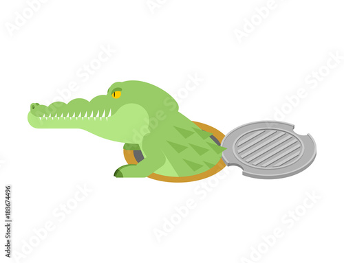 Crocodile in sewer hatch. Alligator in manhole cover. Predator animal in well hatch. City legend. Vector illustration