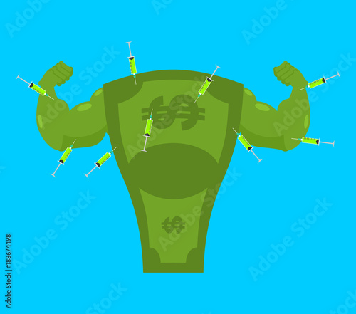 Doping for Dollar. Strong money and steroids. Syringe with anabolic. Bodybuilder cash. Vector illustration
