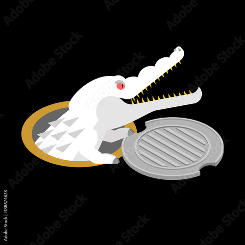 Albino alligator in manhole cover. Crocodile White Monster in sewer hatch. Predator animal in well hatch. City legend. Vector illustration
