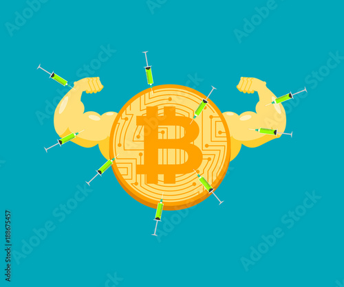 Doping for Bitcoin. Strong crypto currency and steroids. Syringe with anabolic. Bodybuilder coin. Vector illustration