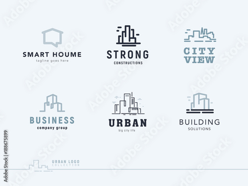 Vector flat construction company brand design templates collection. Building, business company and architect bureau insignia, logo illustration isolated on white background. Line art.