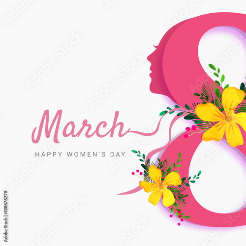 Stylish pink text 8 and women face, Happy Womens Day celebration concept.