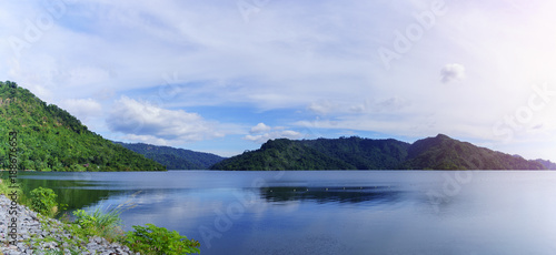 Panoramic image of beautiful Khun Dan Prakarn Chon Dam , the largest and longest roller compacted concrete (RCC) dam in the world , Nakhon Nayok , Thailand