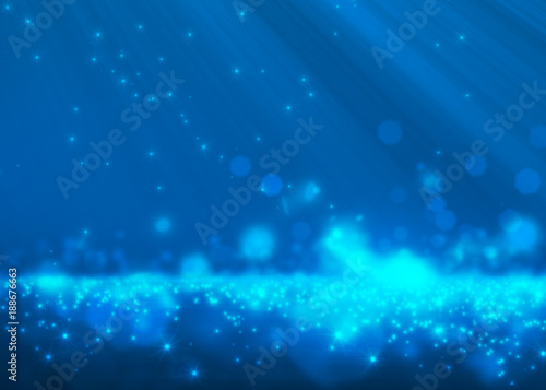 Many glitter light blue falling to floor reflection with dot soft light on dark background