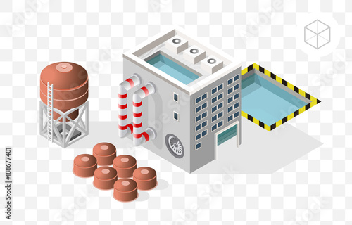 Set of Isometric High Quality City Element with 45 Degrees Shadows on Transparent Background . Factory