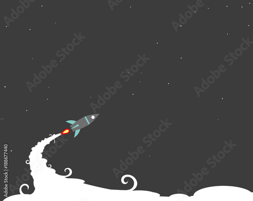 Cartoon rocket on space background, vector illustration. Simple flying spaceship drawing.