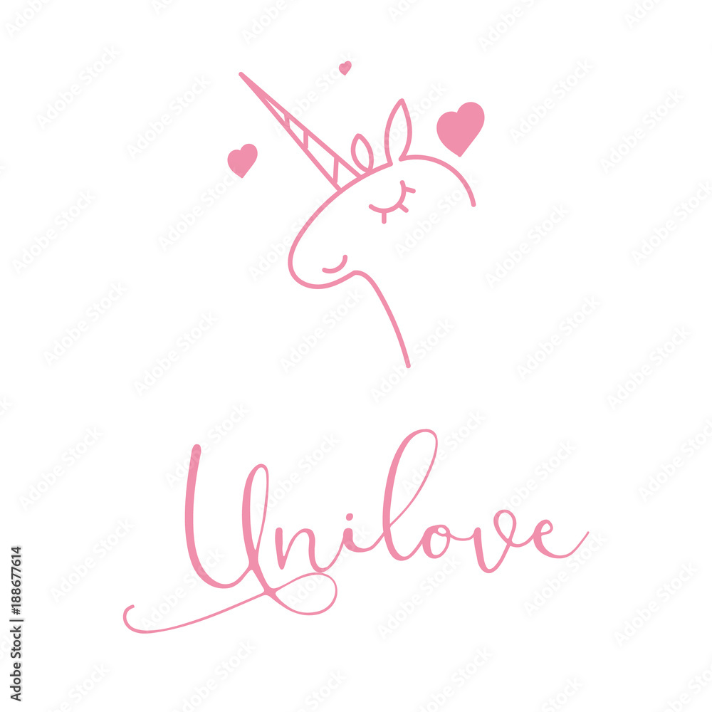 Romantic Valentines day love greeting card with cute unicorn. Vector illustration - love day. Card for February 14. The inscription Unilove. Be my valentine. Calligraphic inscription