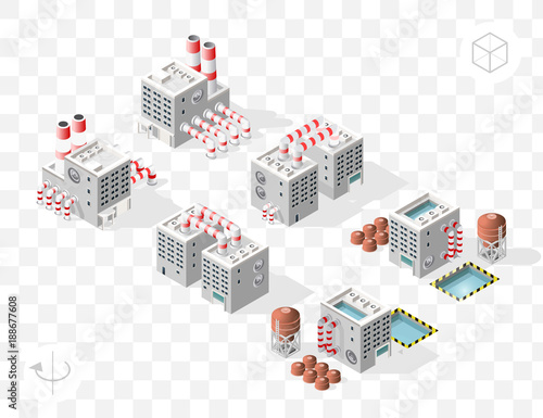 Set of Isometric High Quality City Element with 45 Degrees Shadows on Transparent Background . Factory