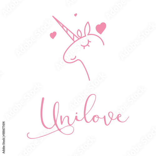 Romantic Valentines day love greeting card with cute unicorn. Vector illustration - love day. Card for February 14. The inscription Unilove. Be my valentine. Calligraphic inscription