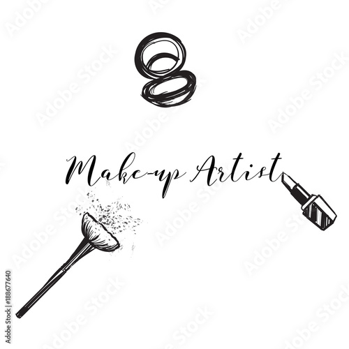 Beauty studio concept. Makeup artist fashion logo design. Lettering illustration. Makeup brushes