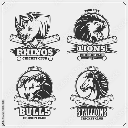 Set of cricket club emblems, labels, badges and design elements.