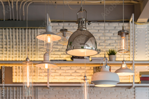 Fotografi Modern stainless steel ceiling lamp light bulb interior for office building or home and living decorating