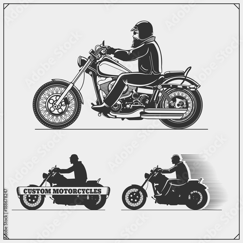 Set of motorcycles. Emblems of bikers club. Vintage style. Monochrome design