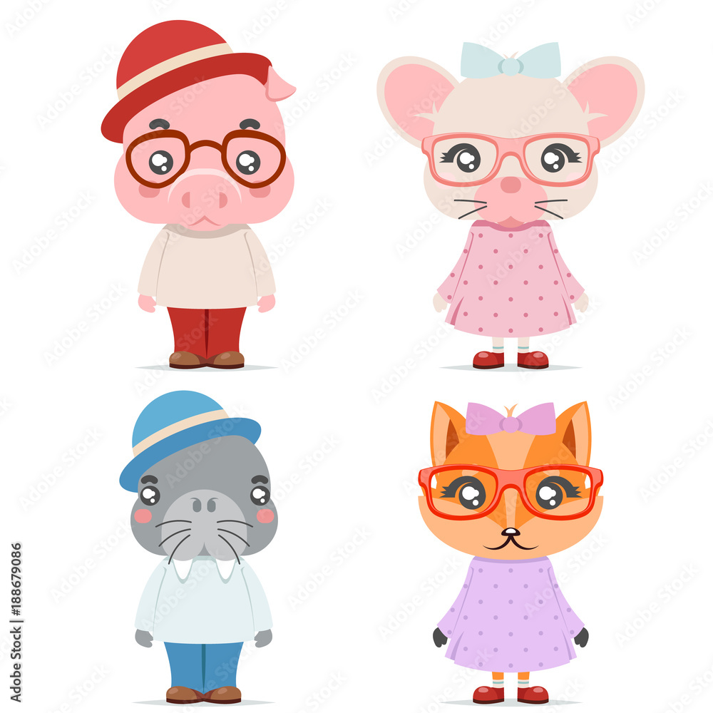 Fox mice pig walrus cute animal boy girl cubs mascot cartoon icons set flat design vector illustration