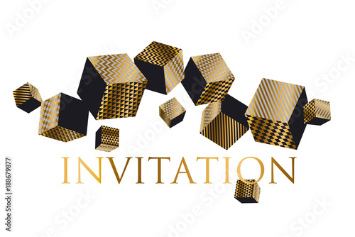 Concept 3d illusion geometric cubes composition for surface design and web. Vector abstract illustration with geometric shapes in gold and black colors.