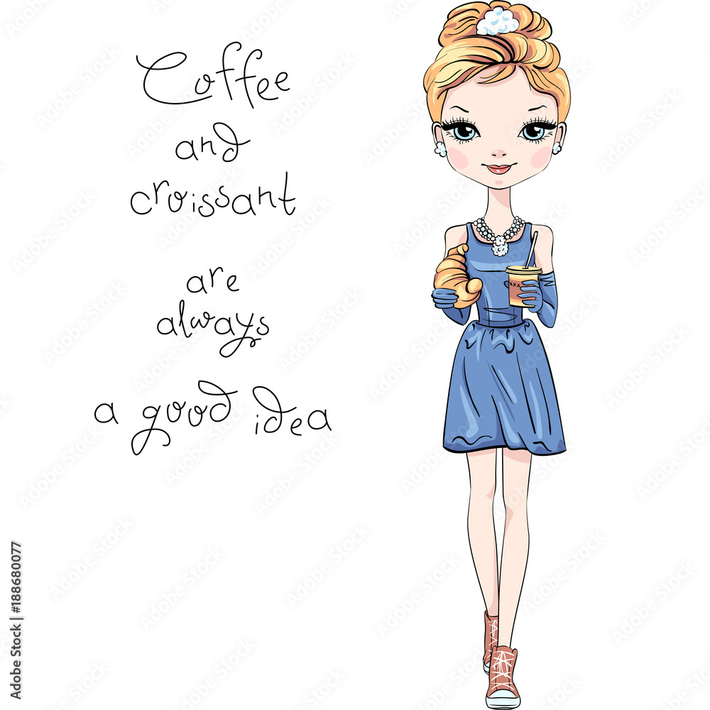 Fashionable modern smartly dressed girl with coffee and croissant. Caption - Coffee and croissant is always a good idea Fashionable modern smartly dressed girl with coffee and croissant. Caption - Coffee and croissant is always a good idea