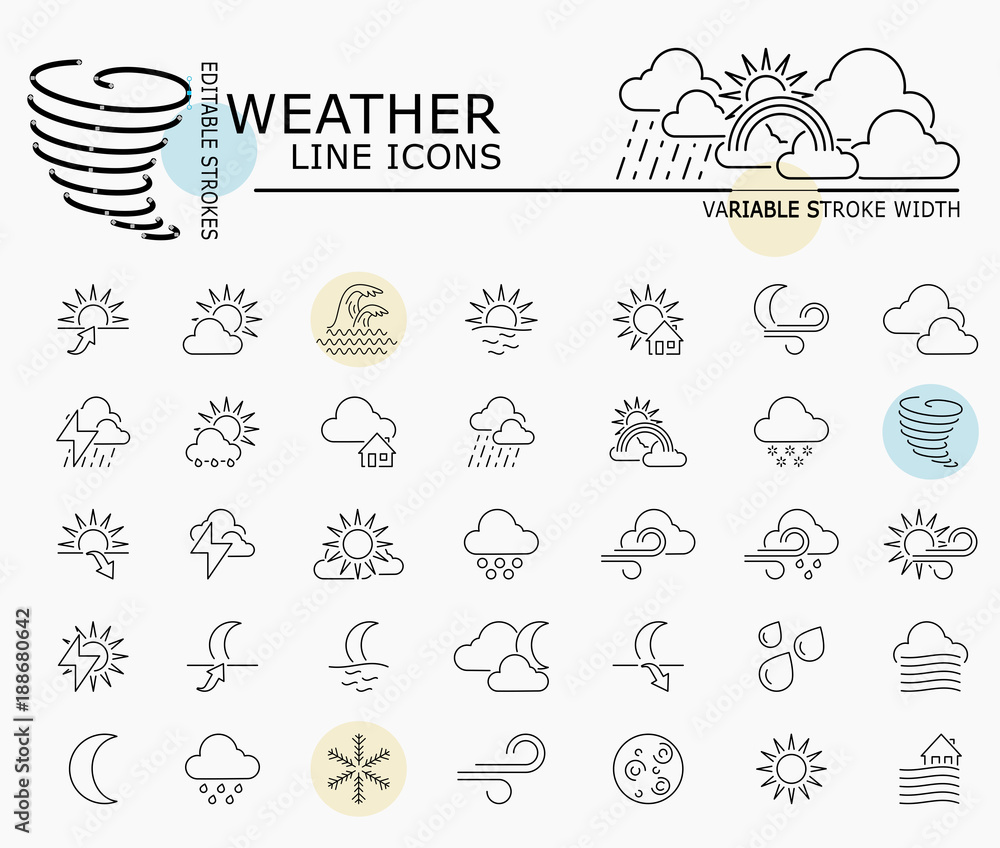 Weather line icons with minimal nodes and editable stroke width and style Weather line icons with minimal nodes and editable stroke width and style