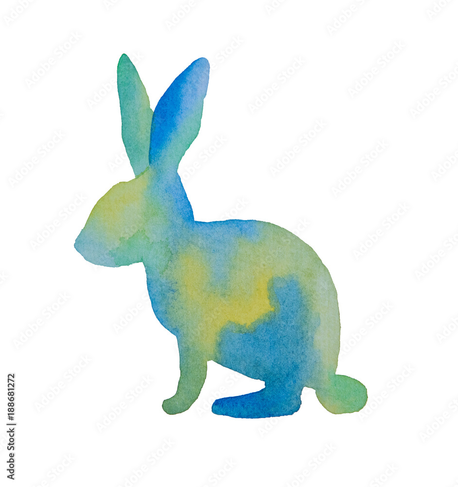 Obraz premium Beautiful silhouette of an easter rabbit of blue and green painted watercolor on a white background