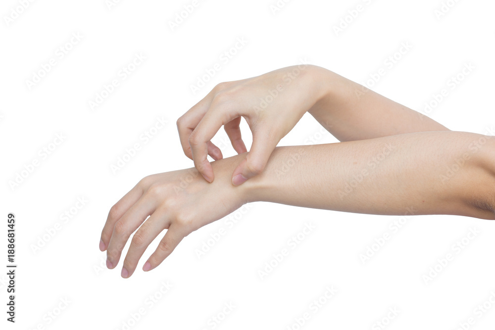 Woman scratch hand isolated on white background with clipping path, Concept with Healthcare and medicine.