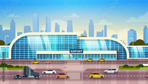 Airport Building Modern Terminal Exterior With Cars On High Way Road And Skyscrapers On Background Flat Vector Illustration
