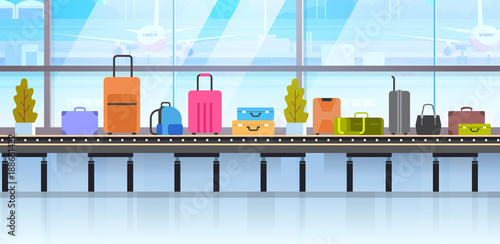 Different Suitcases On Baggage Conveyor Belt In Airport Flat Vector Illustration