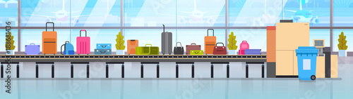 Baggage Carousel In Airport Different Suitcases Scanning On Luggage Conveyor Belt Before Departure Flat Vector Illustration
