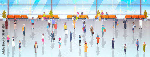 People In Airport Travelers With Baggage Walking Through At Waiting Hall And Departure Lounge To Terminal Flat Vector Illustration