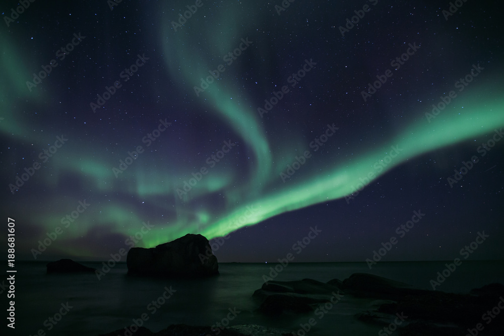 Naklejka premium Norwegen | Polarlichter, Hauklandbeach auf den Lofoten