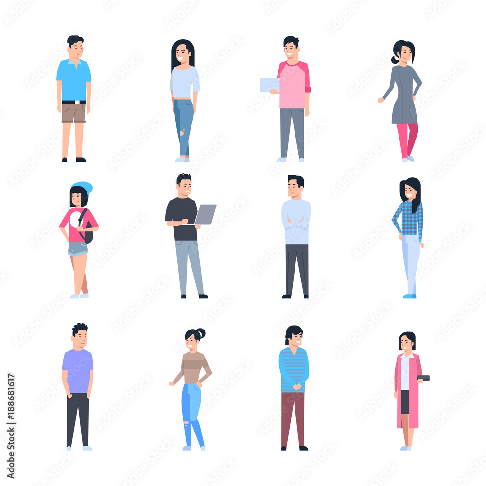 Young Asian Men And Women Icons Set Chinese Or Japanese Male And Female People Wearing Casual Clothes Full Length Isolated Vector Illustration