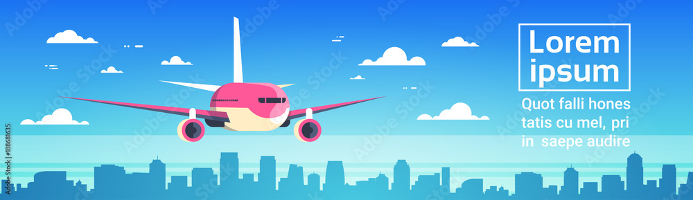 Airplane Flying Over City Skyscrapers Plane In Sky Cityscape Skyline Background With Copy Space Horizontal Banner Flat Vector Illustration