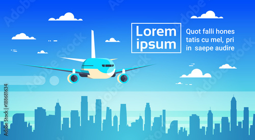 Airplane Flying Over City Skyscrapers Plane In Sky Cityscape Skyline Background With Copy Space Flat Vector Illustration