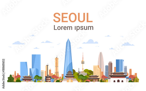 Seoul City Background Skyline South Korea View With Skyscrapers And Famous Landmarks Template Banner With Copy Space Vector Illustration