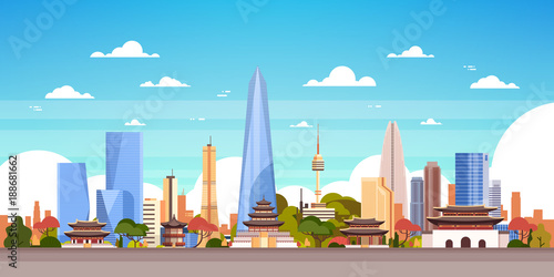 Seoul City Background South Korea Skyline View With Skyscrapers And Famous Landmarks Vector Illustration