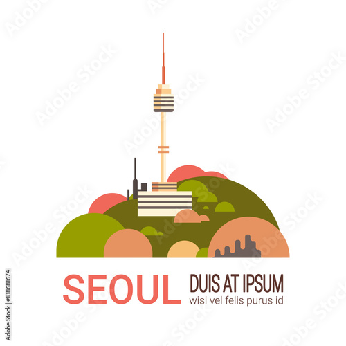 Seoul Tower Cityscape South Korea City View With Famous Landmarks Modern Cityscape Banner With Copy Space Vector Illustration