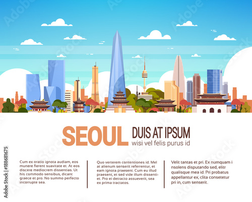 Modern Seoul City Skyline With Skyscrapers And Landmarks South Korea Cityscape Infographics Banner With Copy Space Vector Illustration