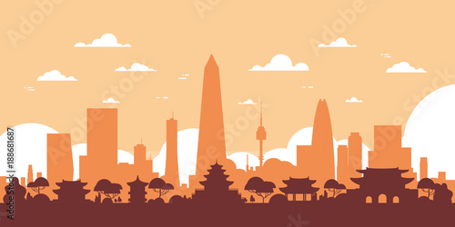 Seoul Silhouette Skyline South Korea City View With Skyscrapers And Landmarks Vector Illustration