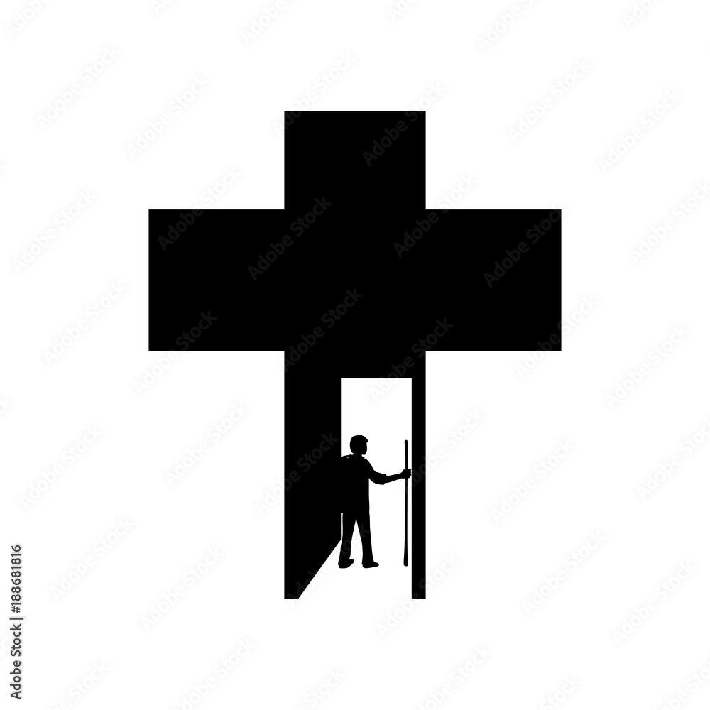 Christian illustration. A traveler and a pilgrim on the background of the cross of Jesus Christ Christian illustration. A traveler and a pilgrim on the background of the cross of Jesus Christ