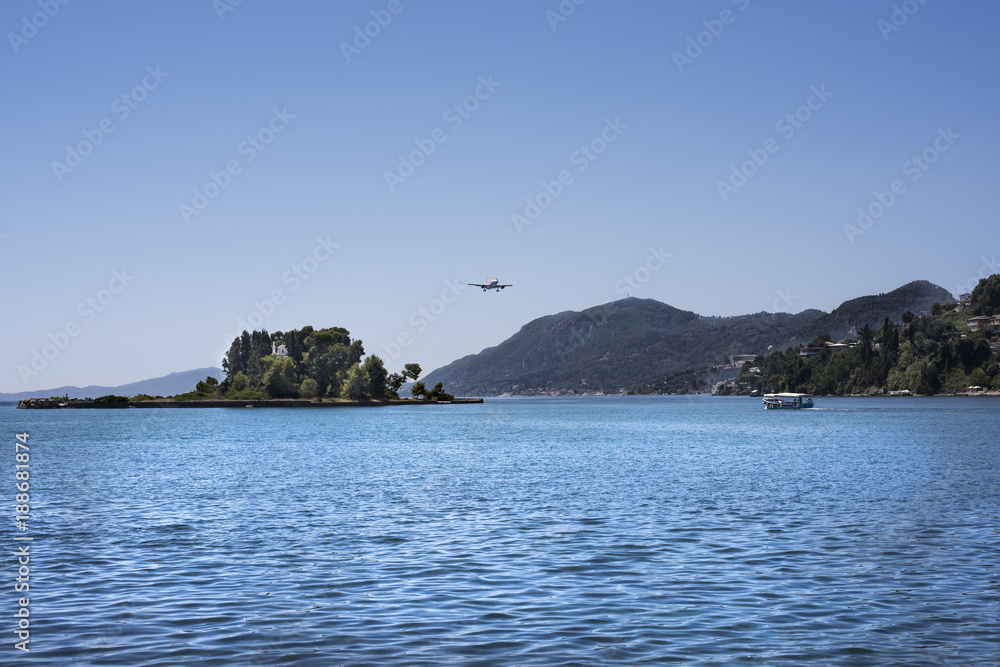 Airplane being landed in the beautiful island of Corfu, Greece