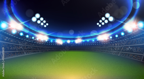 Sport Stadium With Lights And Tribunes Background Flat Vector Illustration