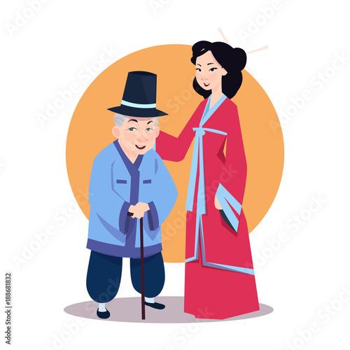 Old Asian Man With Young Woman In Japanese Kimono Korean Characters Wearing Traditional Clothes Vector Illustration