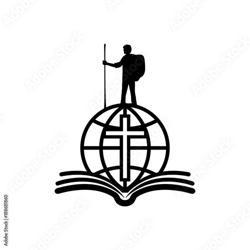 Christian illustration. A follower of Jesus Christ is walking the world