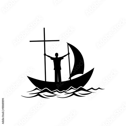 Christian illustration. The follower of Jesus Christ floats in the boat of faith