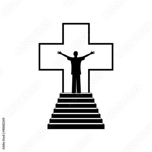 Christian illustration. Man in the background of the cross of Jesus Christ