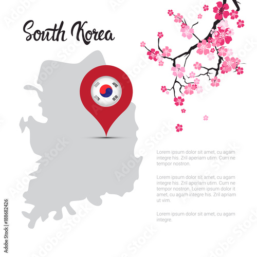 South Korea Map Korean Flag Pointer Beautiful Blossom Of Sakura Branch Decoration Template Banner With Copy Space Vector Illustration