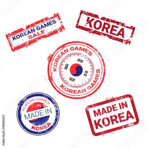 Photography Made In Korea Stamps Set Grunge Sticker With Korean Flag Isolated Template On Wh