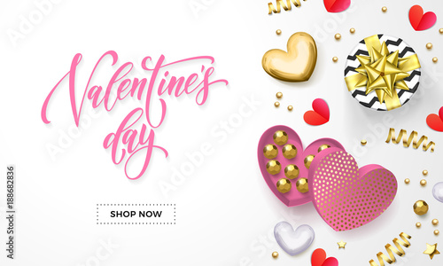 Valentines day sale web banner for shop store design of heart gift box decoration with chocolate sweets in golden wrapper. Vector pink text calligraphy and gold confetti for Valentine holiday design