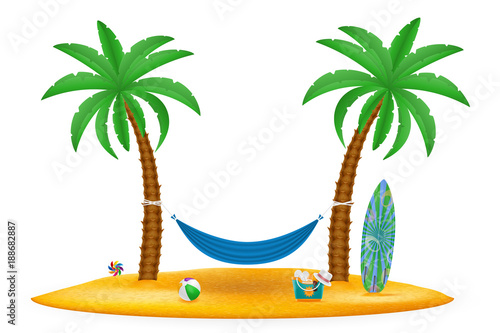 hammock suspended between palm trees stock vector illustration