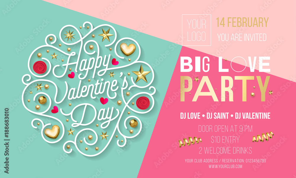 Valentine Day party invitation design template of golden text and heart or flowers decoration. Vector Happy Valentines Day party celebration invite of golden glitter star confetti on pink background - obrazy, fototapety, plakaty 