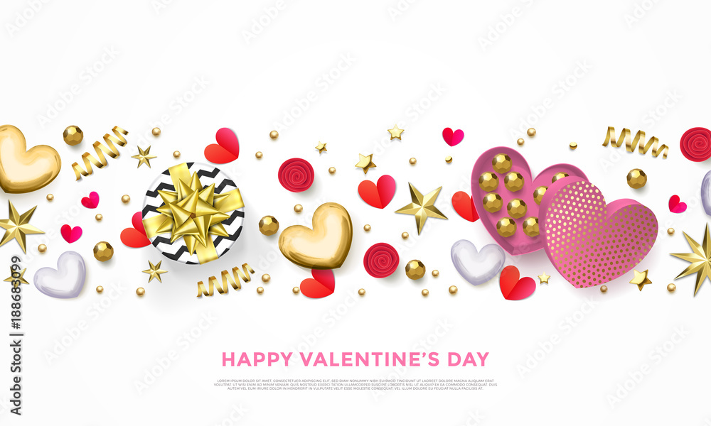 Valentines day greeting card of heart gift box, chocolate candy in golden wrapper and golden confetti or pink flowers pattern. Vector Happy Valentine holiday glittering gold background design Valentines day greeting card of heart gift box, chocolate candy in golden wrapper and golden confetti or pink flowers pattern. Vector Happy Valentine holiday glittering gold background design