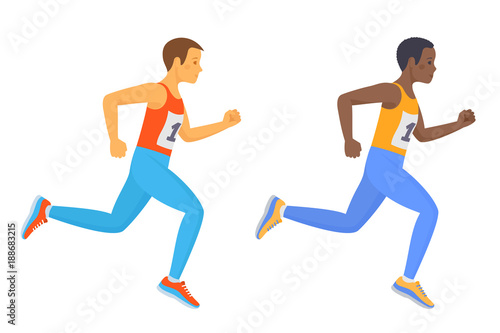 The running school boy set. Side view of active caucasian and afro american kids in a sportswear. Sport, jogging, workout, competition concept. Flat vector illustration isolated on white background.